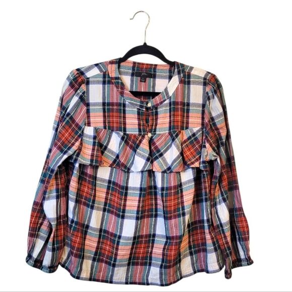 J. Crew Women's Red & White Holiday Plaid Ruffle Blouse Size L - Picture 1 of 6